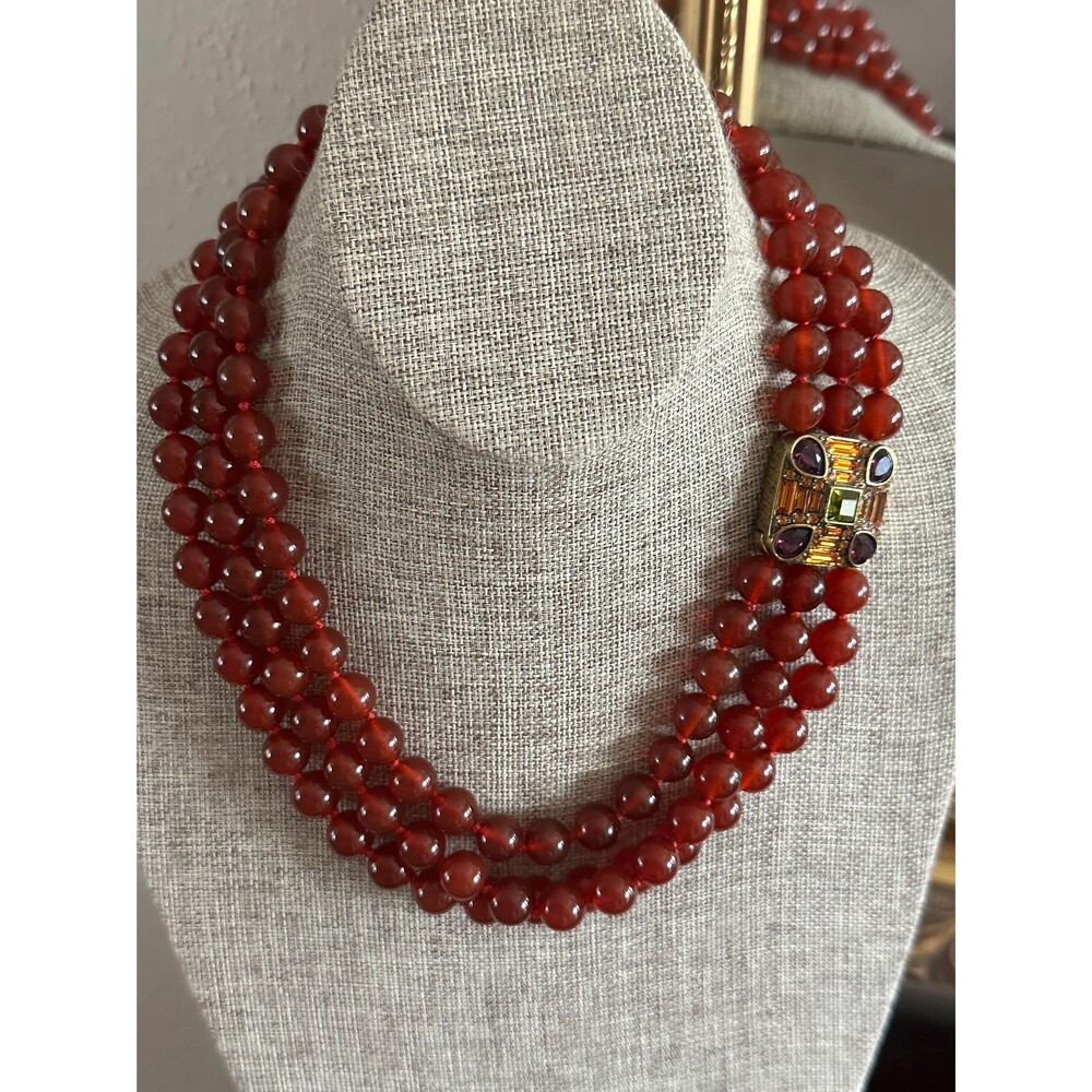 Heidi Daus Carnelian Three Strand Necklace, Swarovski Crystal Clasp, 18 Inch
